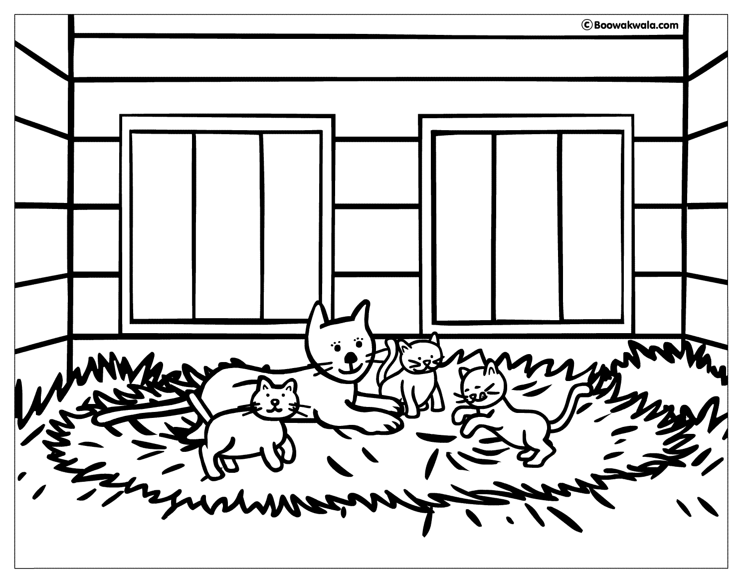 Раскраска домик с котятами